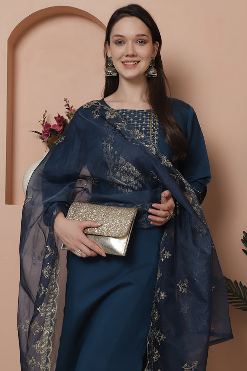 Teal Blue Poly Silk Embroidered Straight Kurta & Pant With Dupatta