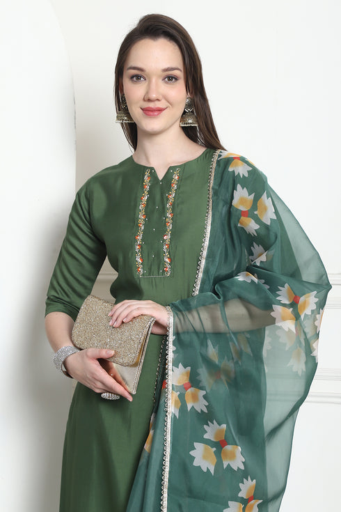 Green Poly Silk Embroidered Straight Kurta & Pant With Dupatta