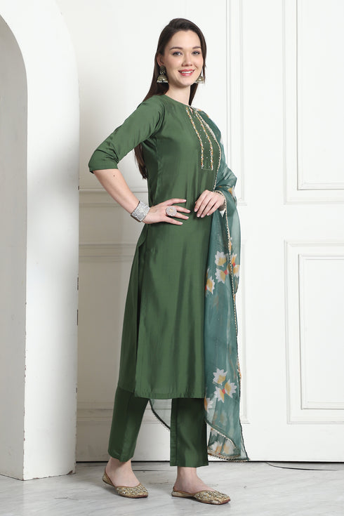 Green Poly Silk Embroidered Straight Kurta & Pant With Dupatta