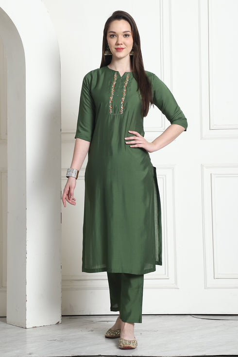 Green Poly Silk Embroidered Straight Kurta & Pant With Dupatta