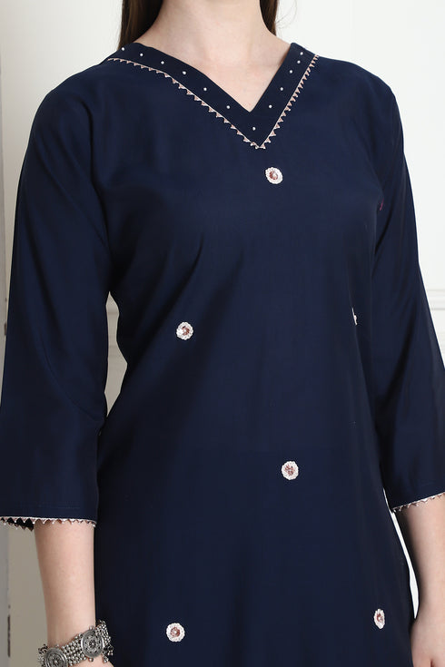 Navy Blue Poly Silk Embroidered Straight Kurta & Pant With Dupatta