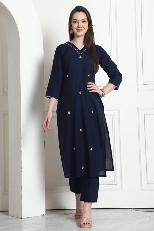 Navy Blue Poly Silk Embroidered Straight Kurta & Pant With Dupatta