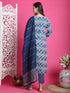 Teal Blue & Beige Rayon Embroidered Straight Kurta & Pant With Dupatta