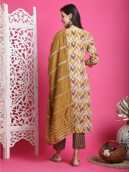 Mustard & Beige Rayon Embroidered Straight Kurta & Pant With Dupatta