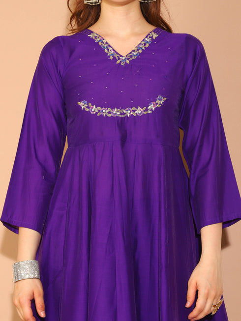 Purple Poly Silk Embroidered Anarkali Kurta & Pant With Dupatta