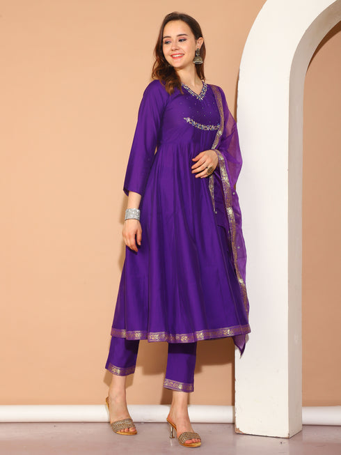 Purple Poly Silk Embroidered Anarkali Kurta & Pant With Dupatta