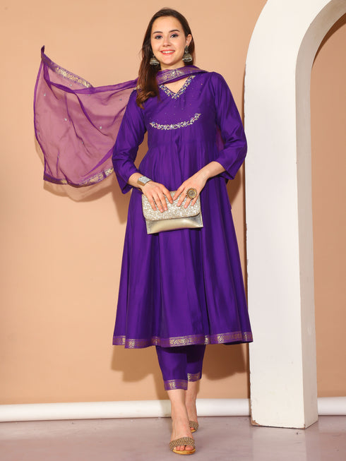 Purple Poly Silk Embroidered Anarkali Kurta & Pant With Dupatta