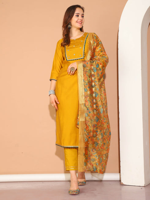 Mustard Yellow Poly Silk Embroidered Straight Kurta & Pant With Dupatta