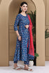 Blue Cotton Floral Printed Kurta & Pant With Dupatta