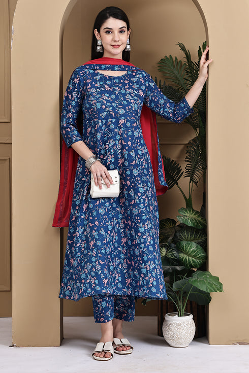 Blue Cotton Floral Printed Kurta & Pant With Dupatta