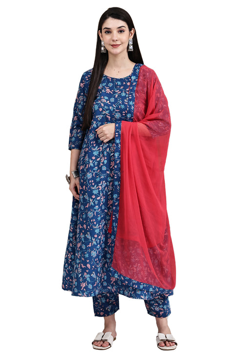 Blue Cotton Floral Printed Kurta & Pant With Dupatta