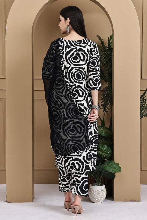 Black & White Cotton Abstract Printed Kurta & Pant With Dupatta