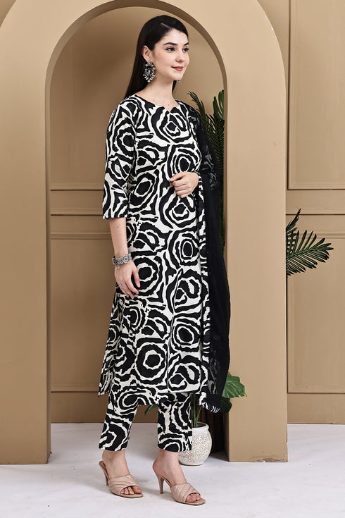 Black & White Cotton Abstract Printed Kurta & Pant With Dupatta