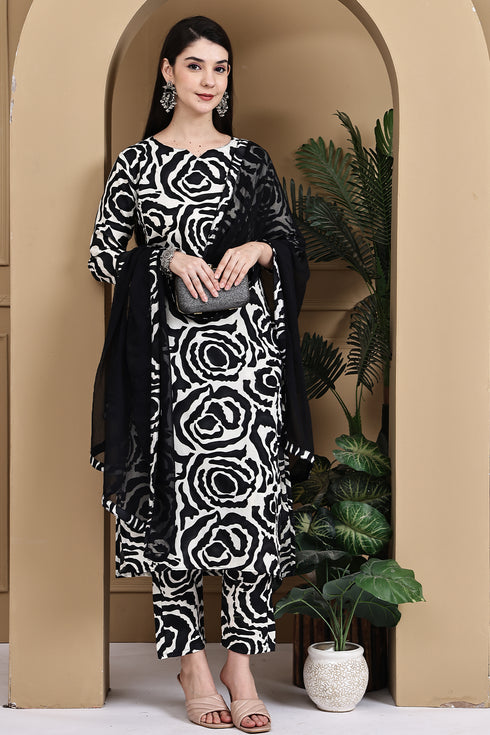 Black & White Cotton Abstract Printed Kurta & Pant With Dupatta