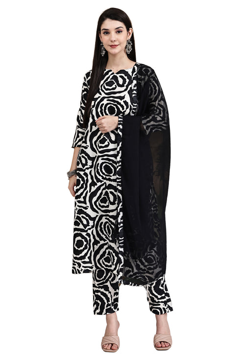 Black & White Cotton Abstract Printed Kurta & Pant With Dupatta