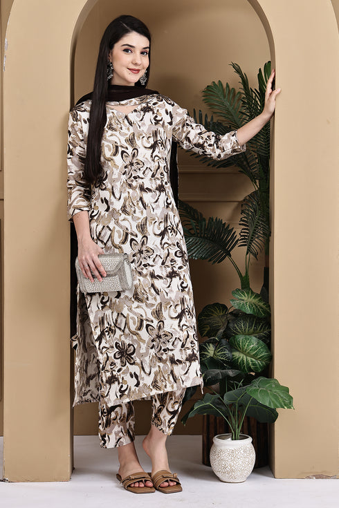 Off White & Brown Cotton Floral Printed Kurta & Pant With Dupatta