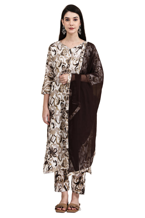 Off White & Brown Cotton Floral Printed Kurta & Pant With Dupatta