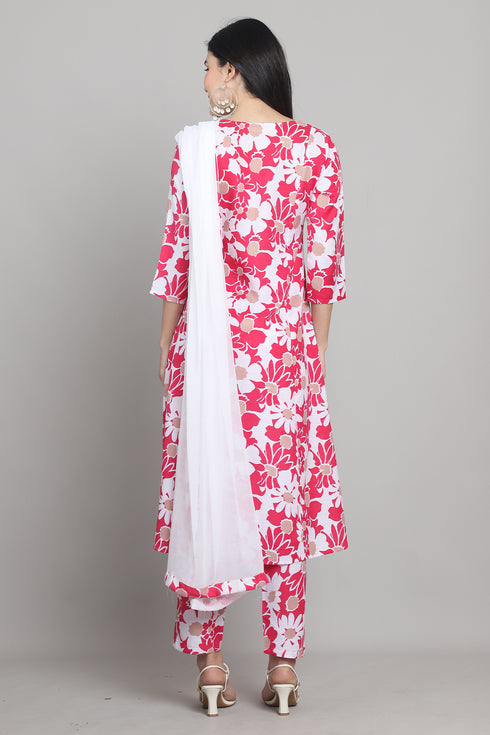 Women Pink & White Cotton Blend Floral Printed Kurta & Pant With Dupatta
