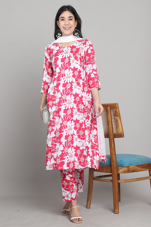 Women Pink & White Cotton Blend Floral Printed Kurta & Pant With Dupatta