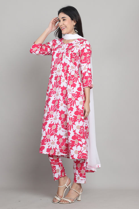 Women Pink & White Cotton Blend Floral Printed Kurta & Pant With Dupatta