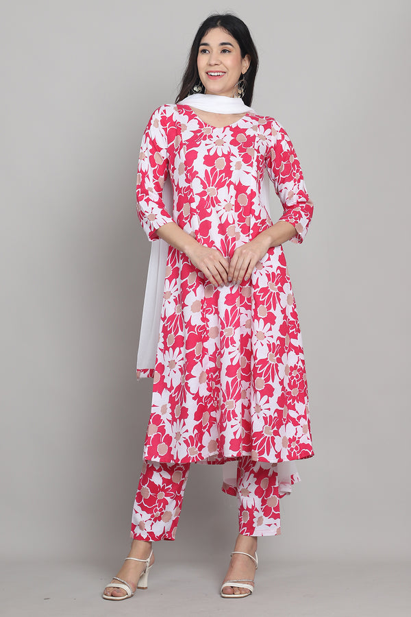 Women Pink & White Cotton Blend Floral Printed Kurta & Pant With Dupatta
