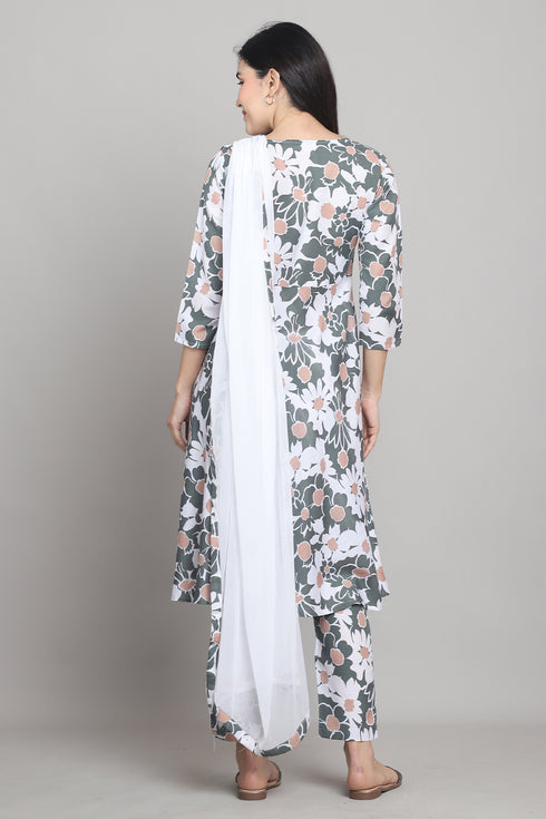 Women Olive Green & White Cotton Blend Floral Printed Kurta & Pant With Dupatta