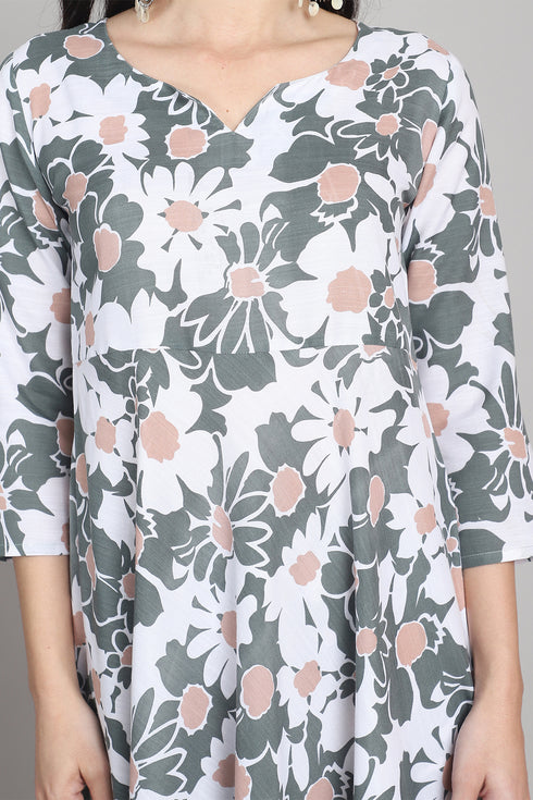 Women Olive Green & White Cotton Blend Floral Printed Kurta & Pant With Dupatta
