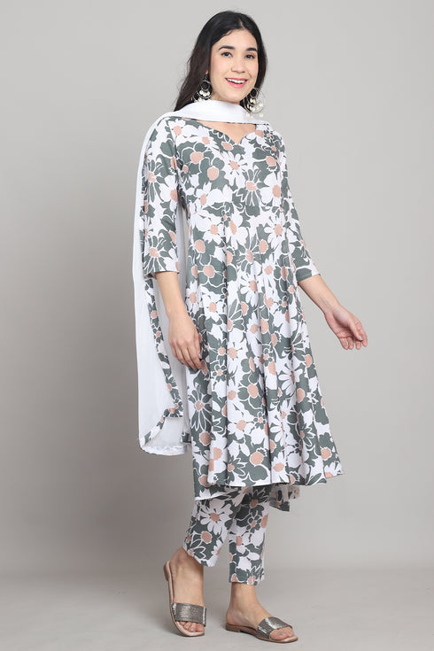 Women Olive Green & White Cotton Blend Floral Printed Kurta & Pant With Dupatta