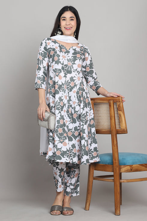 Women Olive Green & White Cotton Blend Floral Printed Kurta & Pant With Dupatta