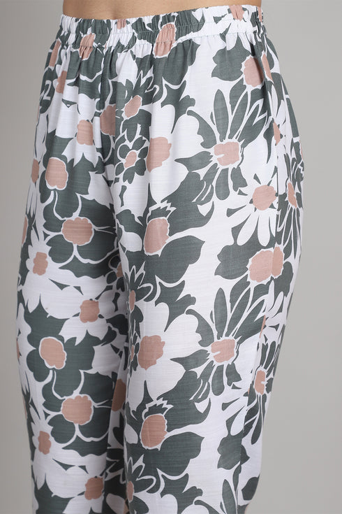 Women Olive Green & White Cotton Blend Floral Printed Kurta & Pant With Dupatta