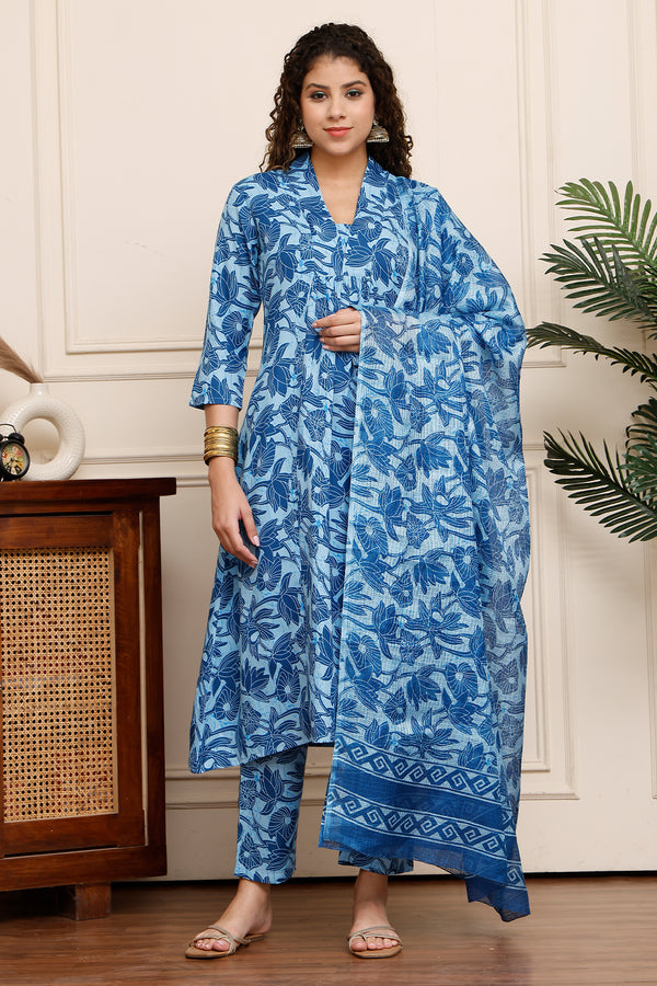 Women Cotton Blend Floral Printed Kurta & Pant With Dupatta