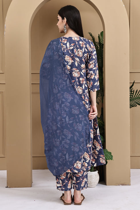 Blue Blossom Floral Printed Kurta & Pant with Dupatta