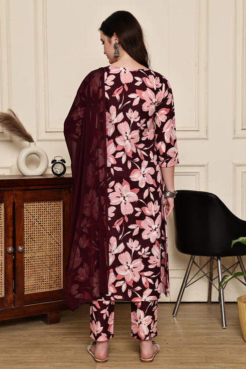 Maroon Mystique Floral Printed Kurta & Pant with Dupatta