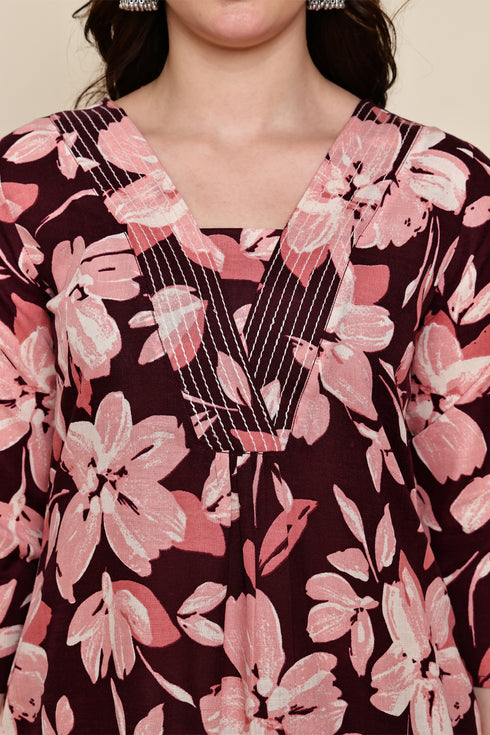 Maroon Mystique Floral Printed Kurta & Pant with Dupatta
