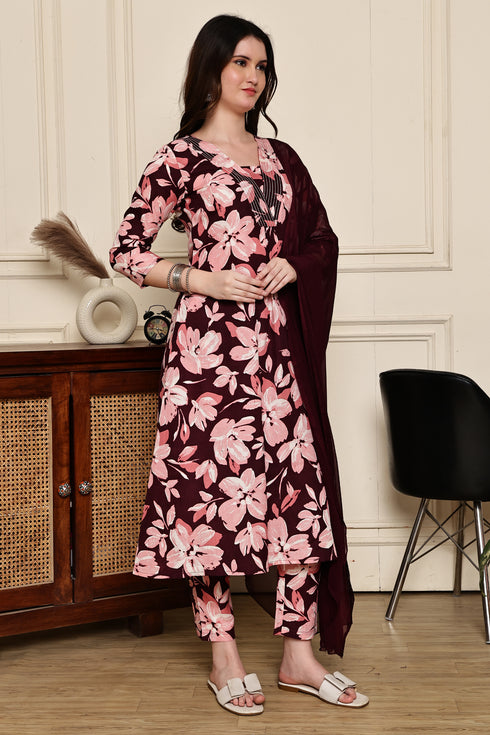 Maroon Mystique Floral Printed Kurta & Pant with Dupatta