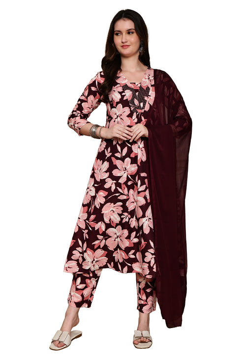 Maroon Mystique Floral Printed Kurta & Pant with Dupatta