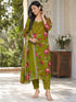 Parrot Green Cotton Blend Jaipuri Printed Straight Kurta & Pant With Dupatta
