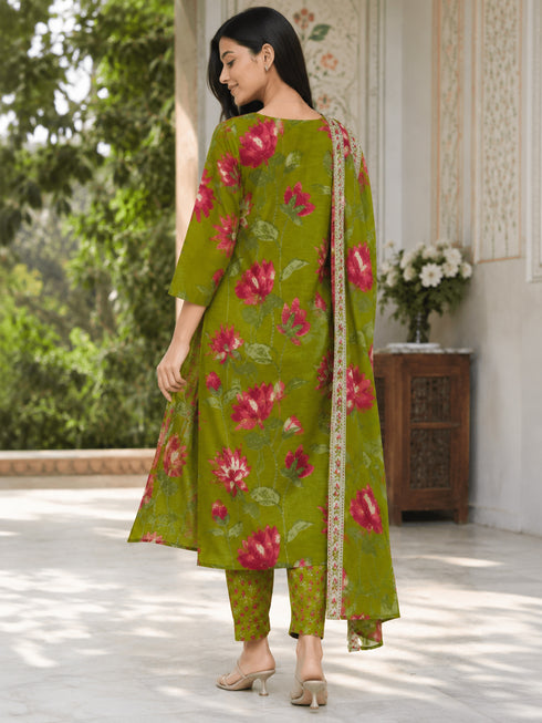 Parrot Green Cotton Blend Jaipuri Printed Straight Kurta & Pant With Dupatta