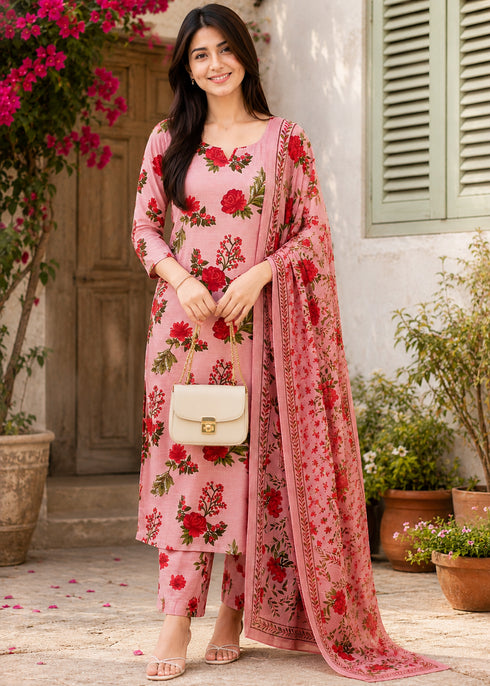 Light Pink Cotton Blend Jaipuri Printed Kurta & Pant With Dupatta