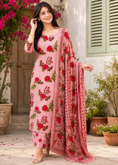 Light Pink Cotton Blend Jaipuri Printed Kurta & Pant With Dupatta