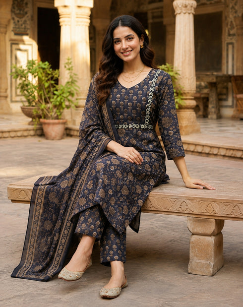 Black Cotton Jaipuri Printed Kurta & Pant With Dupatta