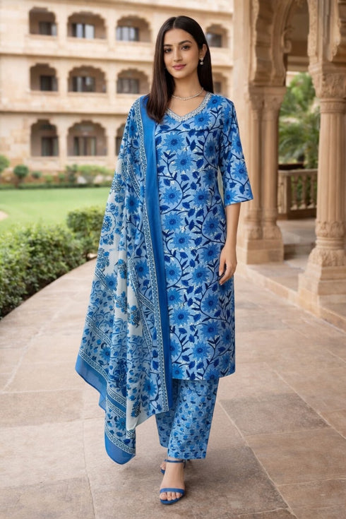 Blue Cotton Jaipuri Printed Kurta & Pant With Dupatta