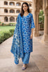 Blue Cotton Jaipuri Printed Kurta & Pant With Dupatta
