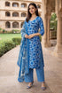 Blue Cotton Jaipuri Printed Kurta & Pant With Dupatta