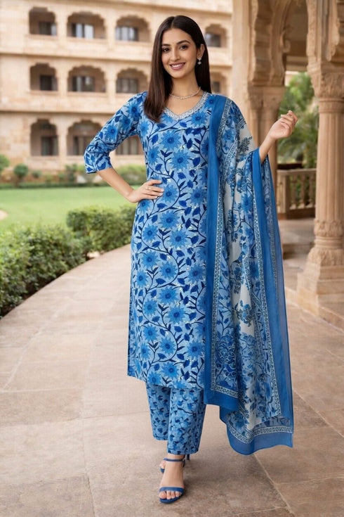 Blue Cotton Jaipuri Printed Kurta & Pant With Dupatta