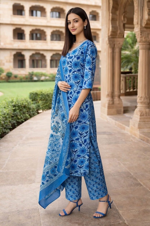 Blue Cotton Jaipuri Printed Kurta & Pant With Dupatta