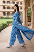 Blue Cotton Jaipuri Printed Kurta & Pant With Dupatta
