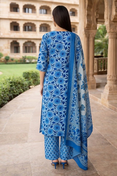 Blue Cotton Jaipuri Printed Kurta & Pant With Dupatta