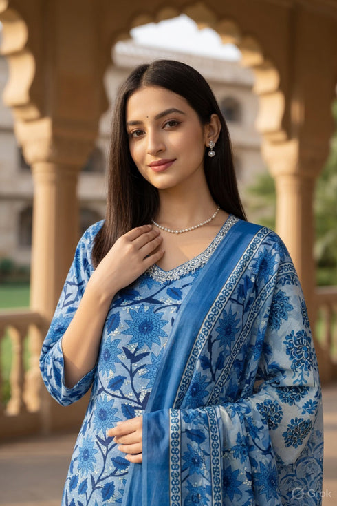 Blue Cotton Jaipuri Printed Kurta & Pant With Dupatta