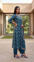 Teal Blue Cotton Jaipuri Printed Kurta & Pant With Dupatta